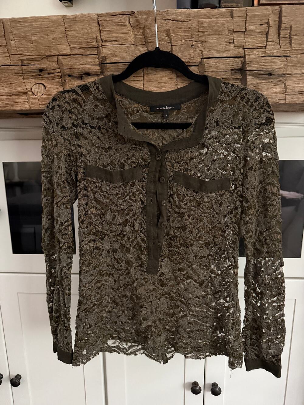 Nanette Lepore Sheer Lace Button Down Blouse Sz 4 Olive Green Boho Top